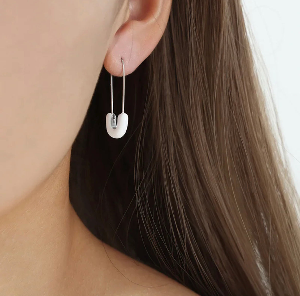 Enamel Safety Pin Earrings (White)