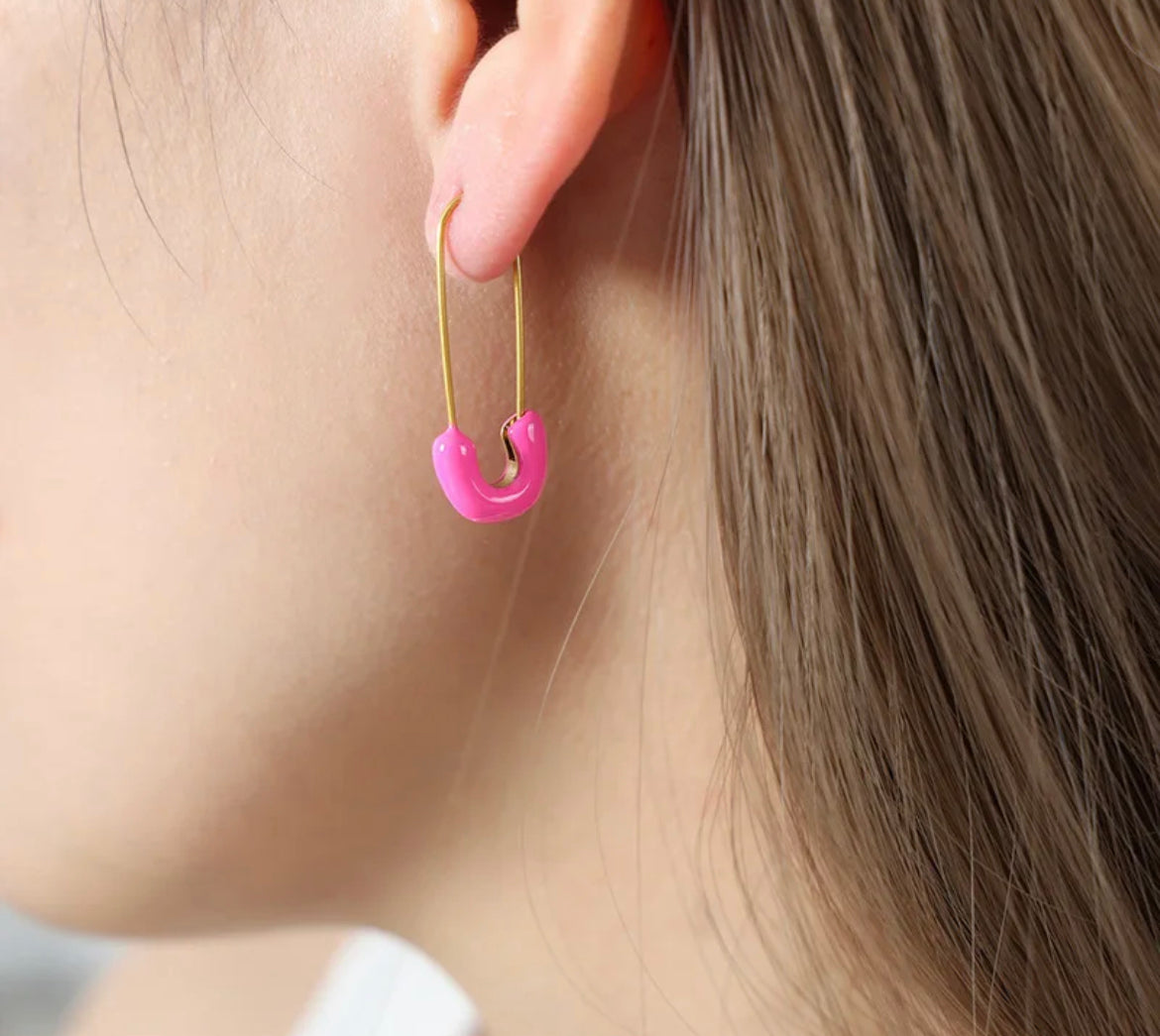 Enamel Safety Pin Earrings (Hot Pink)