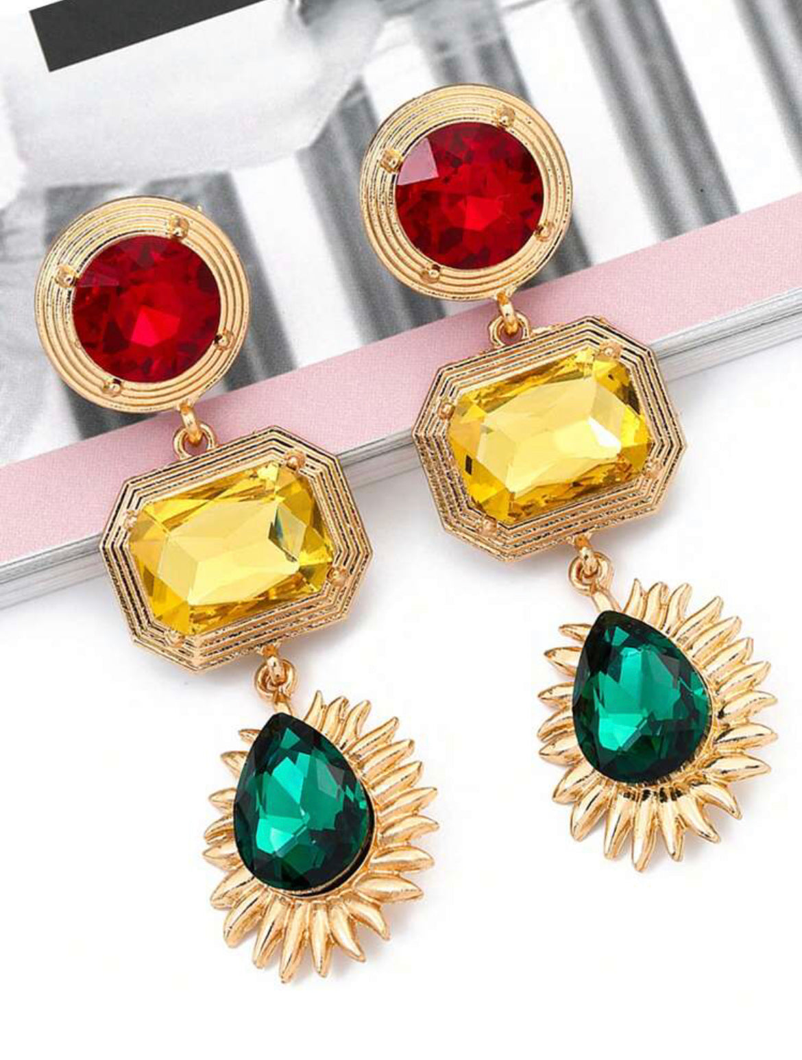 Triple Hue gemstone earrings - Red, Yellow, Green)