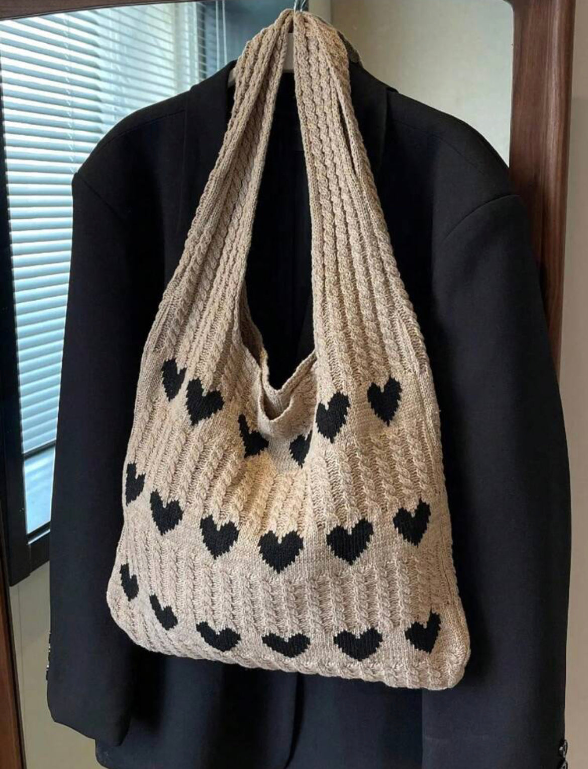 Geometric Hearts Crochet Bag (Beige)