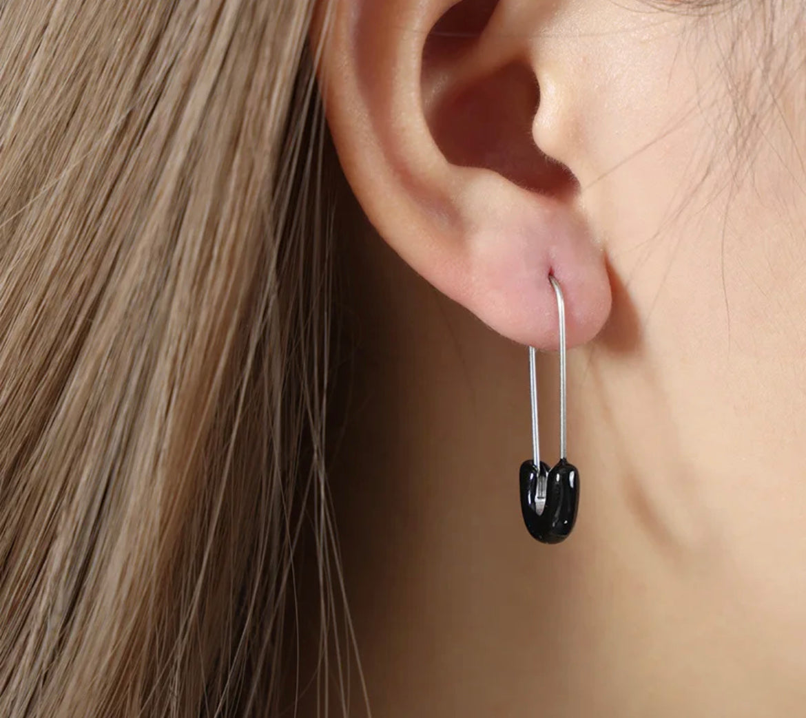 Enamel Safety Pin Earrings (Black)