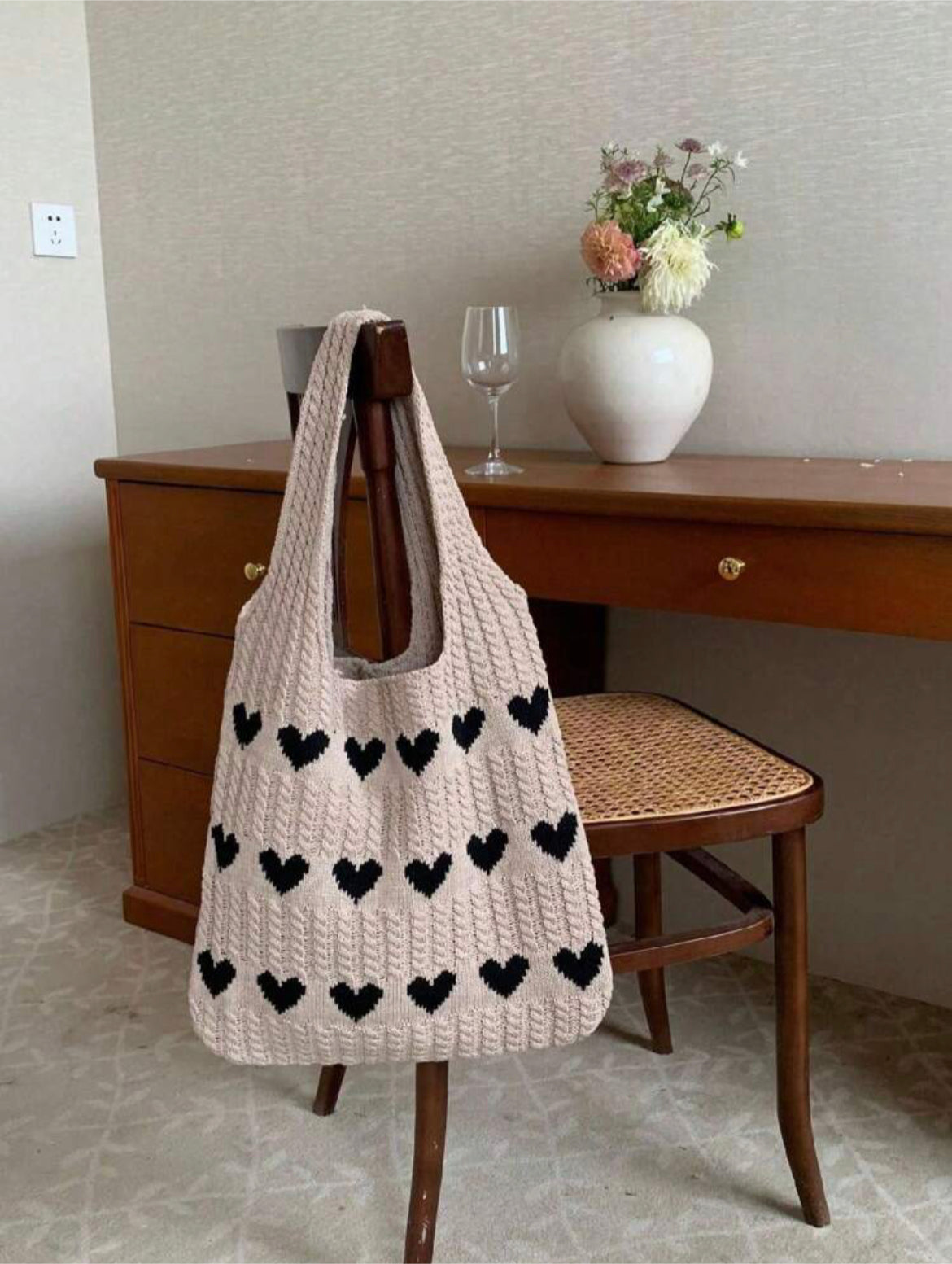 Geometric Hearts Crochet Bag (Beige)