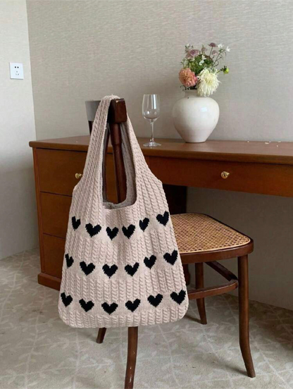 Geometric Hearts Crochet Bag (Beige)