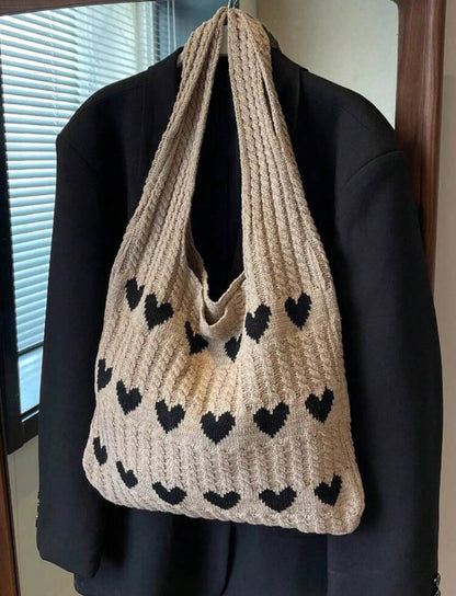 Geometric Hearts Crochet Bag (Beige)