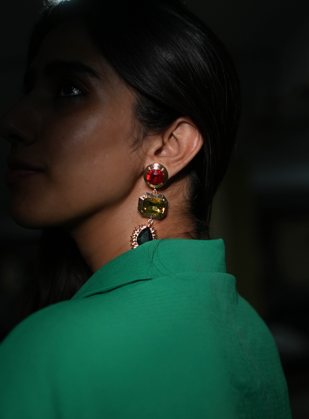 Triple Hue gemstone earrings - Red, Yellow, Green)